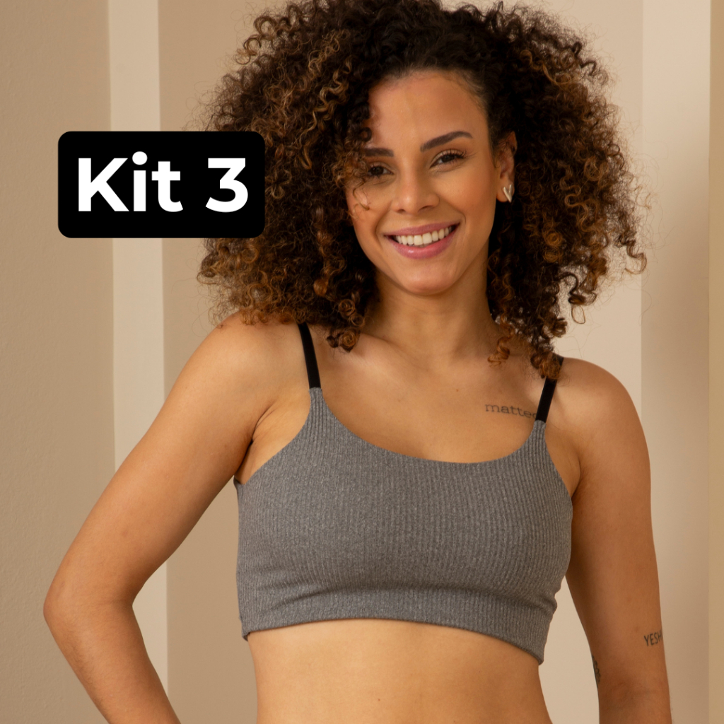 KIT 3 Top De Alcinha Confortável Canelado Sem Bojo Sutiã Suede Topper Feminino