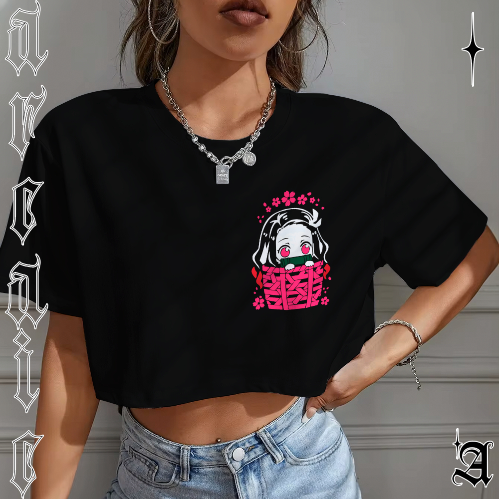 Blusa Cropped Top Estilosa Oversized Feminina Versão Anime Demon Slayer Nezuko Kamado Fofa