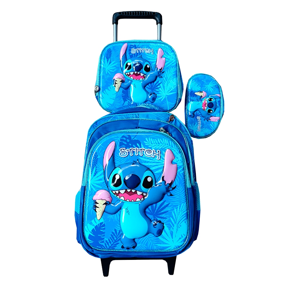 Kit Mochila Stitch Menino Azul com Carrinho Preto + Lancheira Térmica + Estojo Escolar Infantil