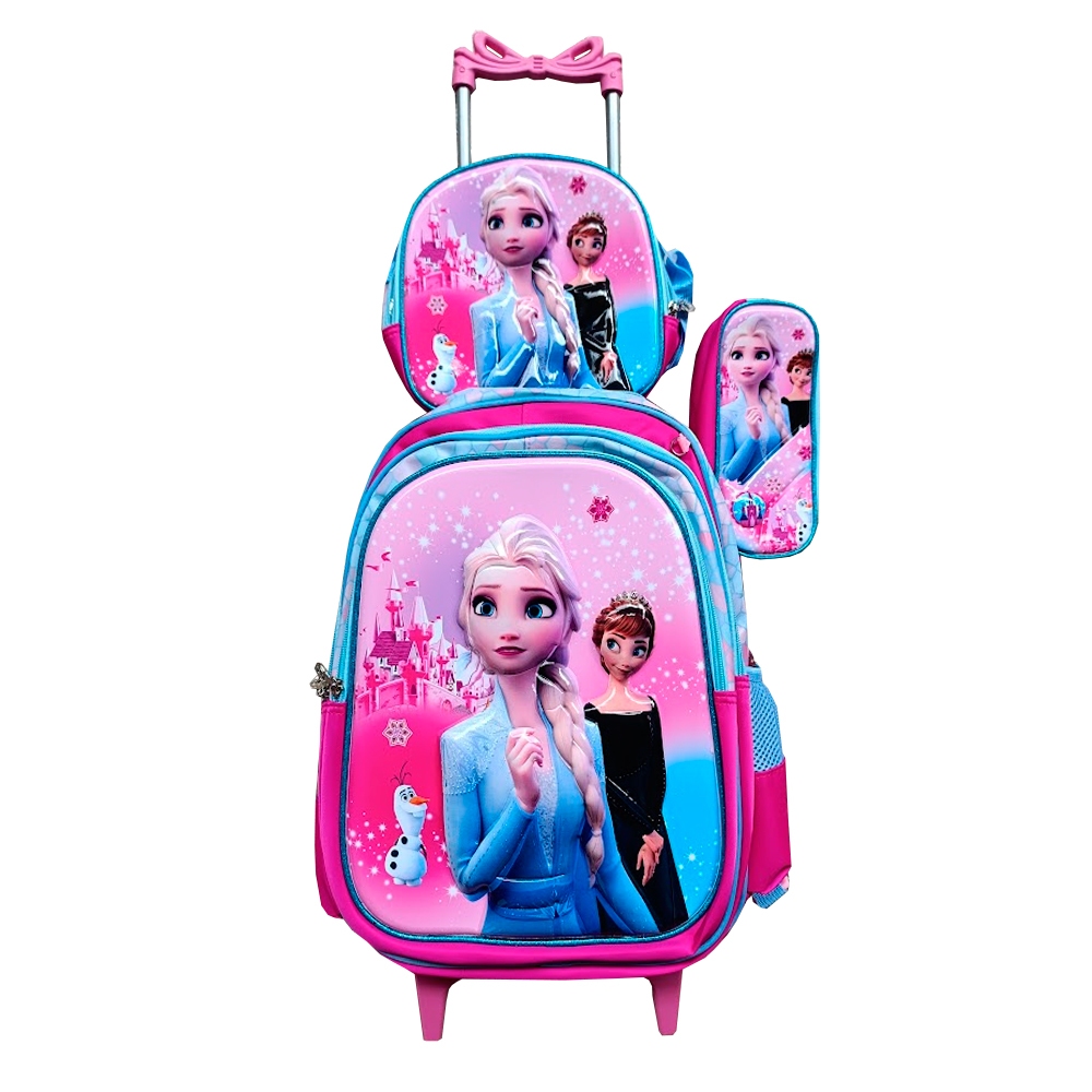 Kit Mochila da Frozen em Alto Relevo 3D com Rodinhas + Lancheira Térmica + Estojo Escolar