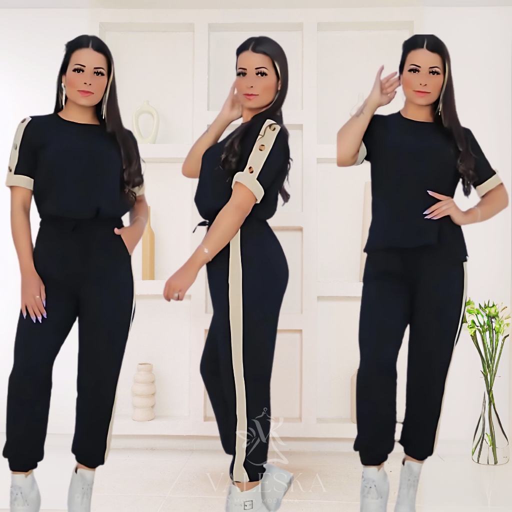 CONJUNTO FEMININO CALÇA E BLUSA COM BOTAO NA MANGA E FAIXA LATERAL TECIDO PREMIUM