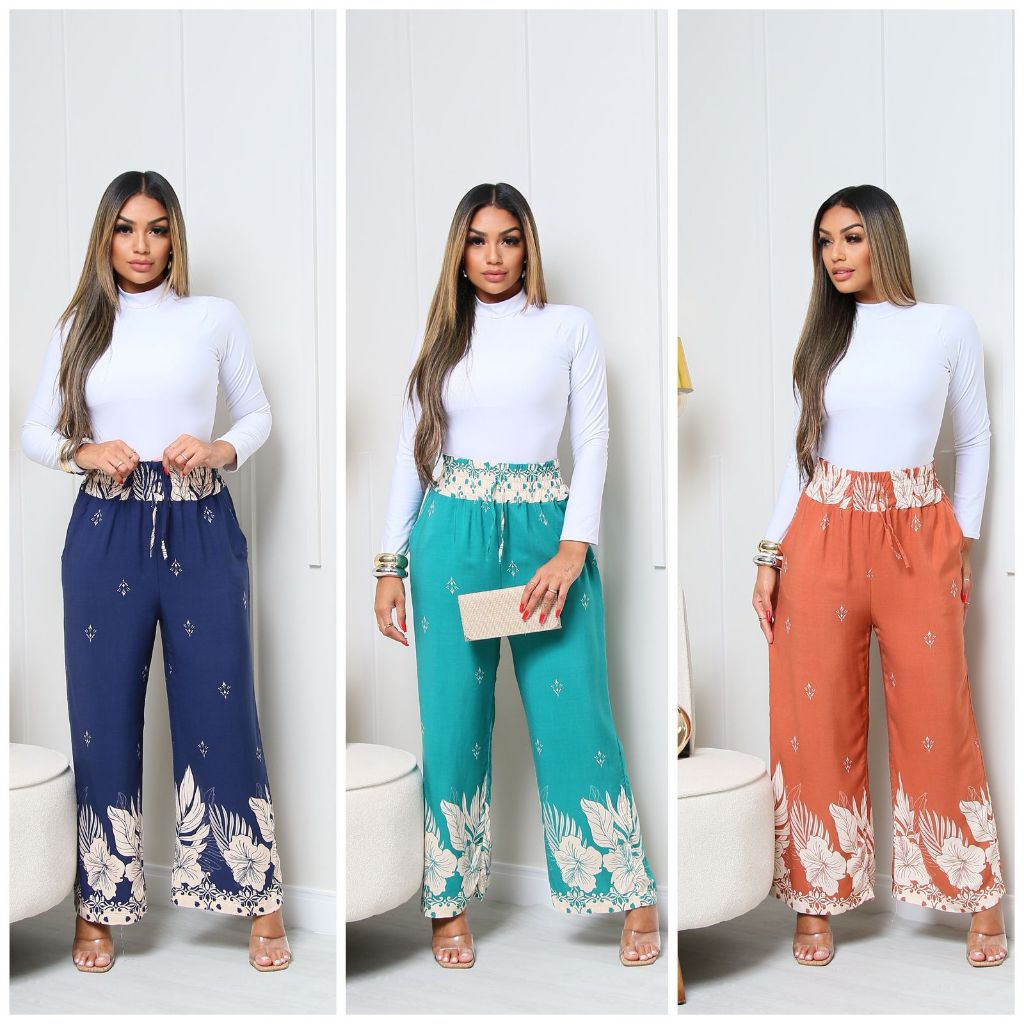Calça pantalona estampado cintura alta com bolso sem forro-tecido viscolinho