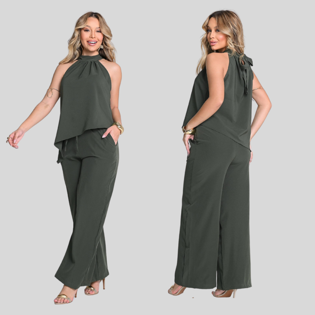 Conjunto Feminino Calça Pantalona Social Blusa Amarração Gola Franzida Laço Assimétricai