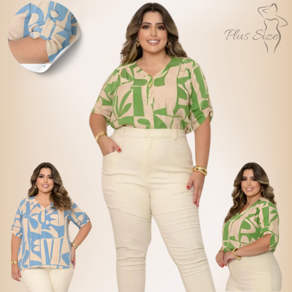 Plus Size Camisa Social Feminina Curve Casual Manga ¾ em Viscolinho Conforto e Estilo em Oferta na Shopee