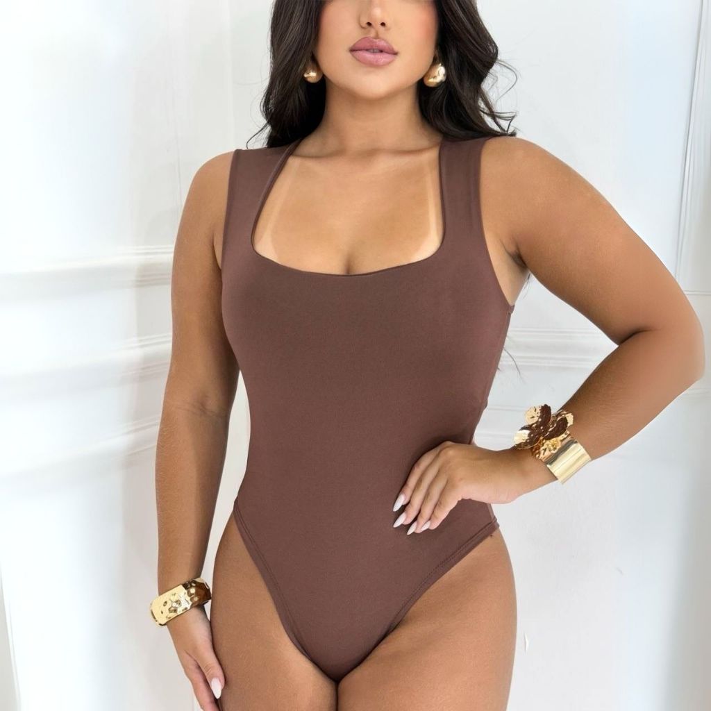 Body Decote Quadrado Suplex Regata  Com Forro  Alca  Grossa Bori Collant Moda Blogueira