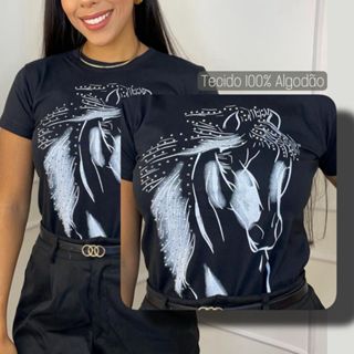 T-shirts Country Feminina Blusa Cavalo preta Promoção em Oferta na Shopee