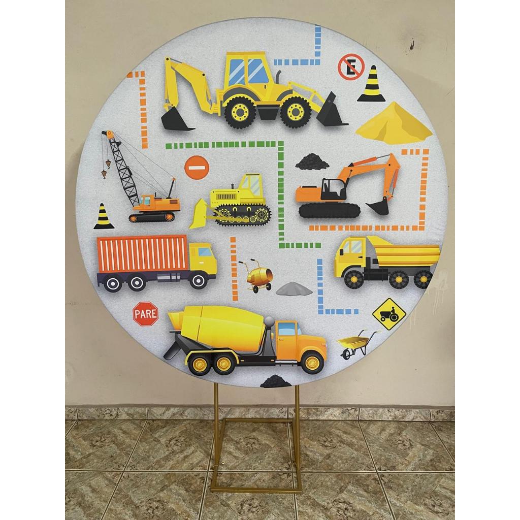 Capa para painel de Festa Redondo 1,50 mts Malha Sublimado Carros Construção Trator Caminhão obra