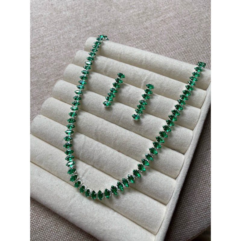 Choker + Brinco Riviera Navete Verde Folheada Prata 925 em Oferta na Shopee