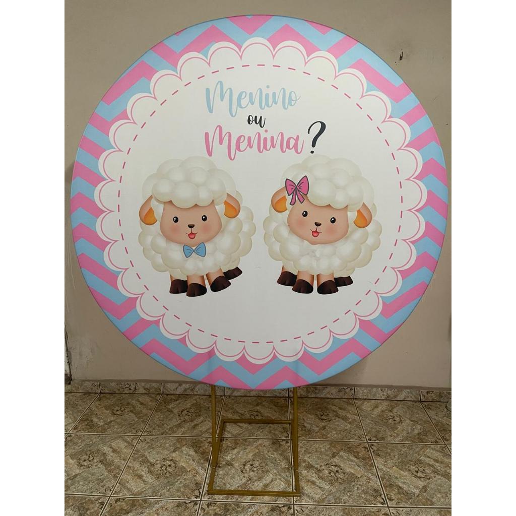 Capa para painel de Festa Redondo 1,50 mts Malha Sublimado Chá Revelação Ovelhinhas azul e rosa