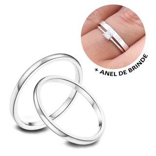 Par De Aliança Reta Fininha Banhado a Prata Mais Anel Solitário Casamento Noivado Namoro 2mm