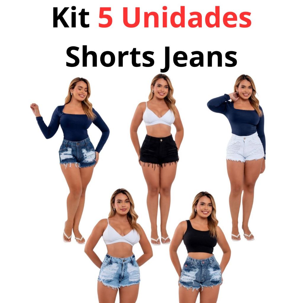 Kit 5 Shorts Jeans Feminino Cintura Alta em Oferta na Shopee