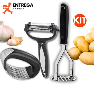 kit 3 Descascador de Legumes 3 em 1 Amassador de Batata Inox Espremedor Triturador de Alho Inox