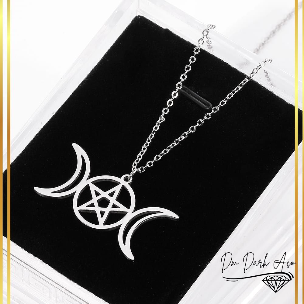 Colar Triluna Pentagrama da Deusa da Lua Tripla Wicca aço Inoxidável Lua tríplce lua tripla witch Artesanal