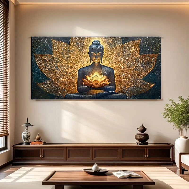 Quadro decorativo Sala Buda Sagrado Flor de Lótus Dourada Decoração Religiosa Quarto Escritório
