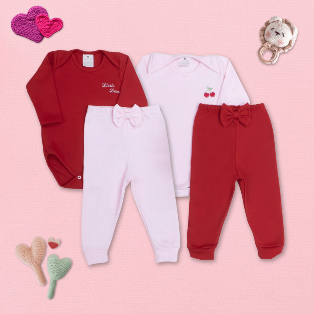 Kit Roupa Bebê Menina 4 Peças Body Bordado com Gola Transpasse Manga Longa E Calça Com Laço Algodão