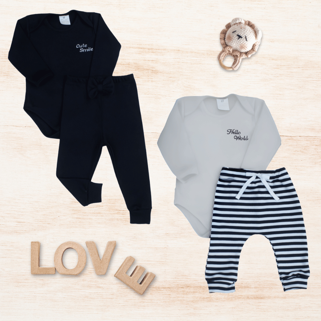 Kit Roupas De Bebê Unissex 4 Peças Body Bordado Gola Transpasse e Calça Com Laço Algodão Confortável