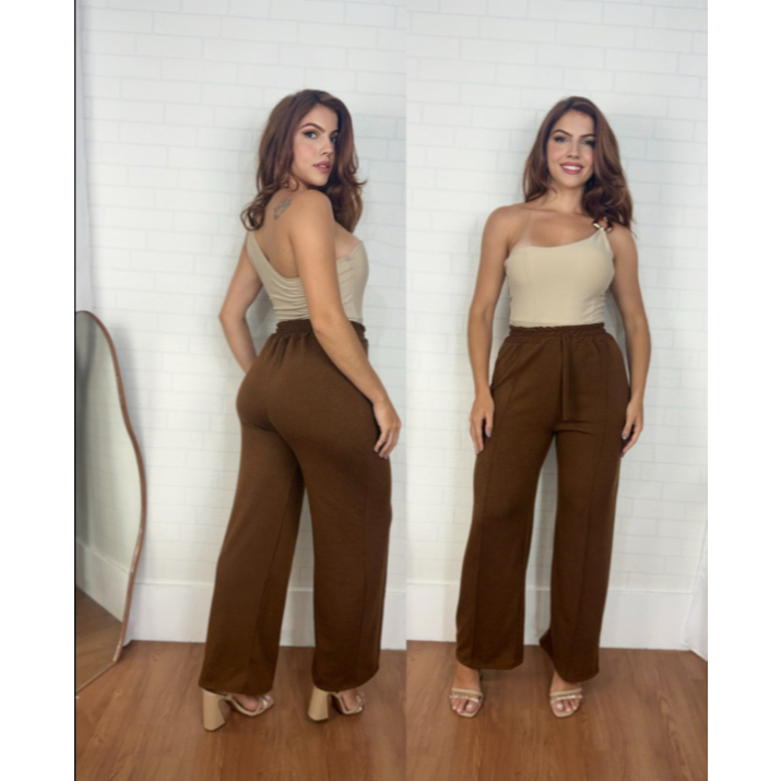 Calça Pantalona Feminina Lã Lanzinha Cintura Alta Moda Outono/Inverno P-M-G-GG