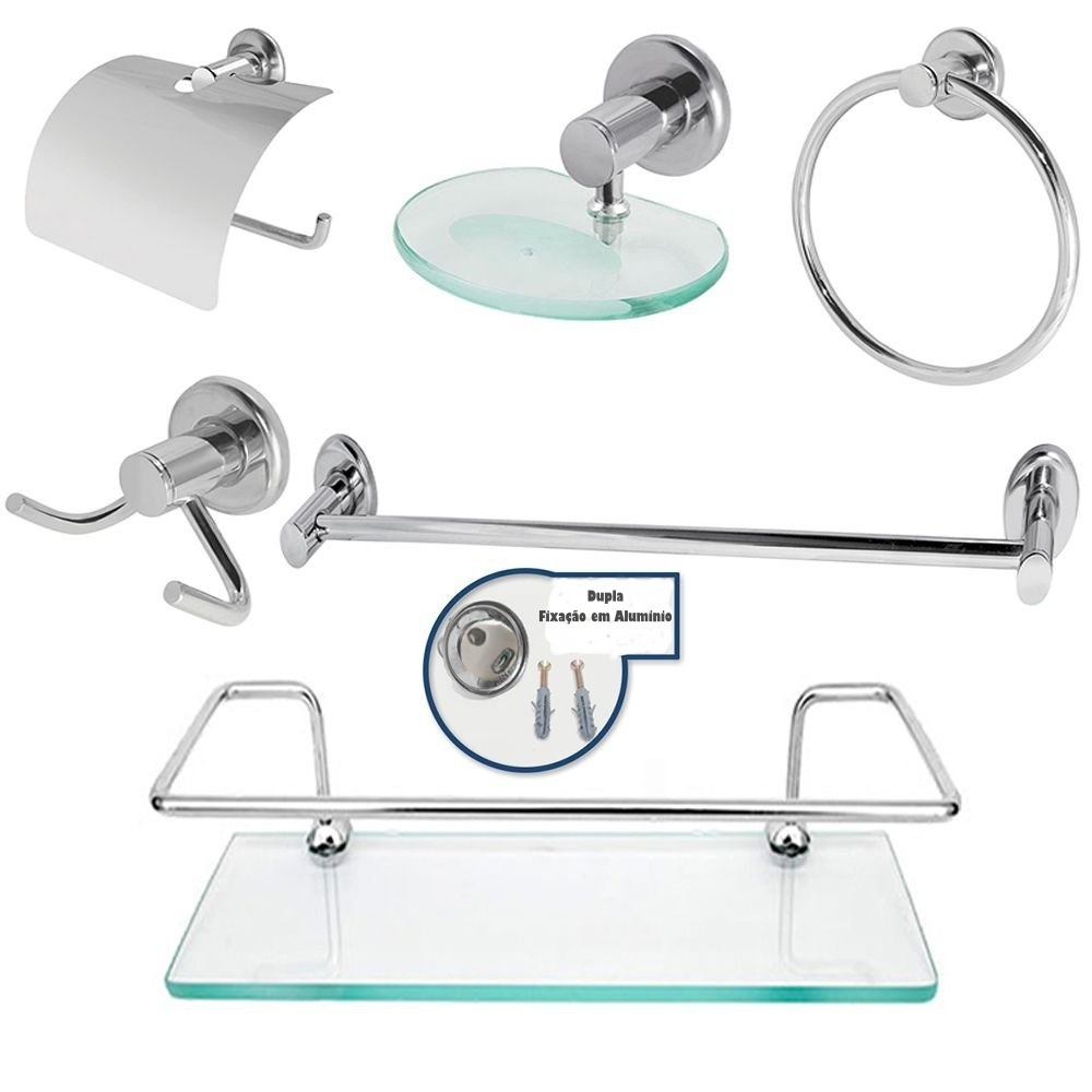 Kit De Acessorios Para Banheiro Com Porta Shampoo Reto Vidro