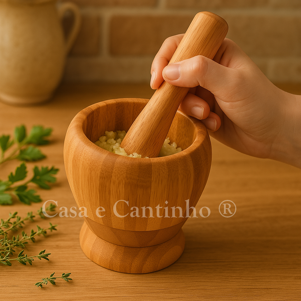 Pilão Com Socador Bambu Alho Pimenta Especiarias Grãos Condimentos Decorativo Multiuso Cas...
