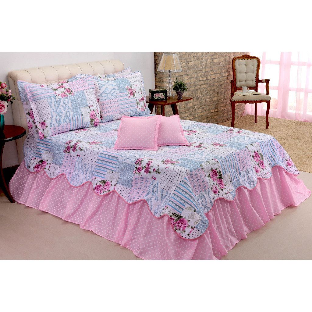 Kit Colcha Cobre Leito Belize Estampado  Casal Queen 5 Peças Floral 4 Cores
