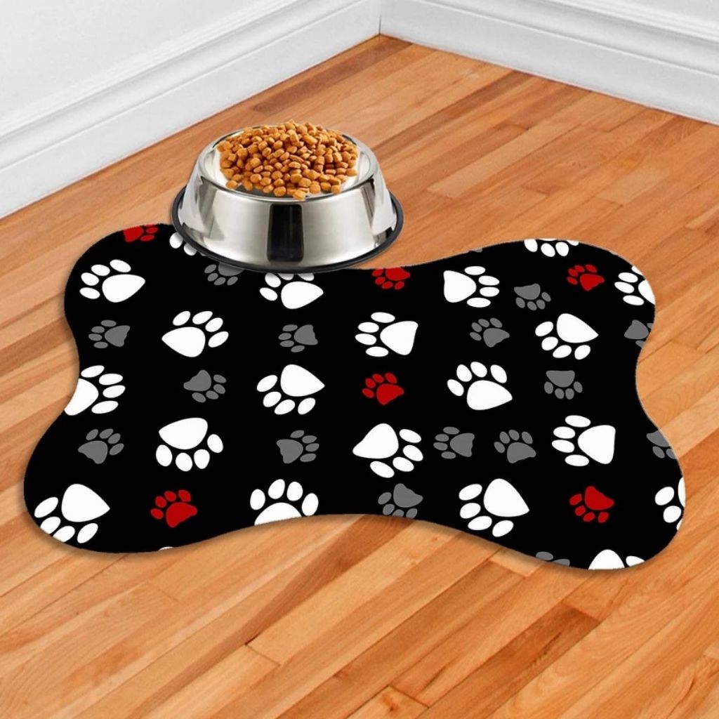 Tapete Pet Antiderrapante Emborrachado Bebedouro Comedouro Cao Gato Lavavel Ossinho Patinha Preto