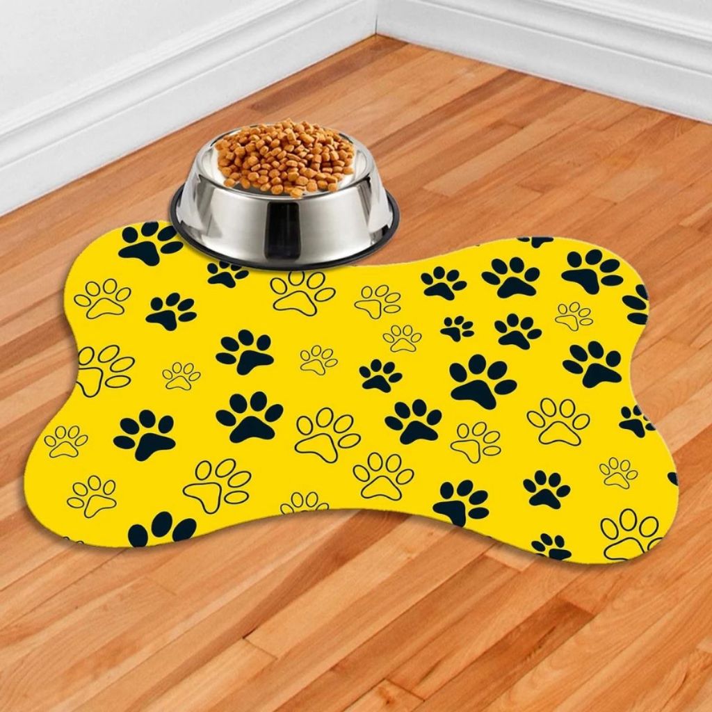 Tapete Pet Antiderrapante Emborrachado Bebedouro Comedouro Lavavel Caes Gatos Macio Ossinho Amarelo