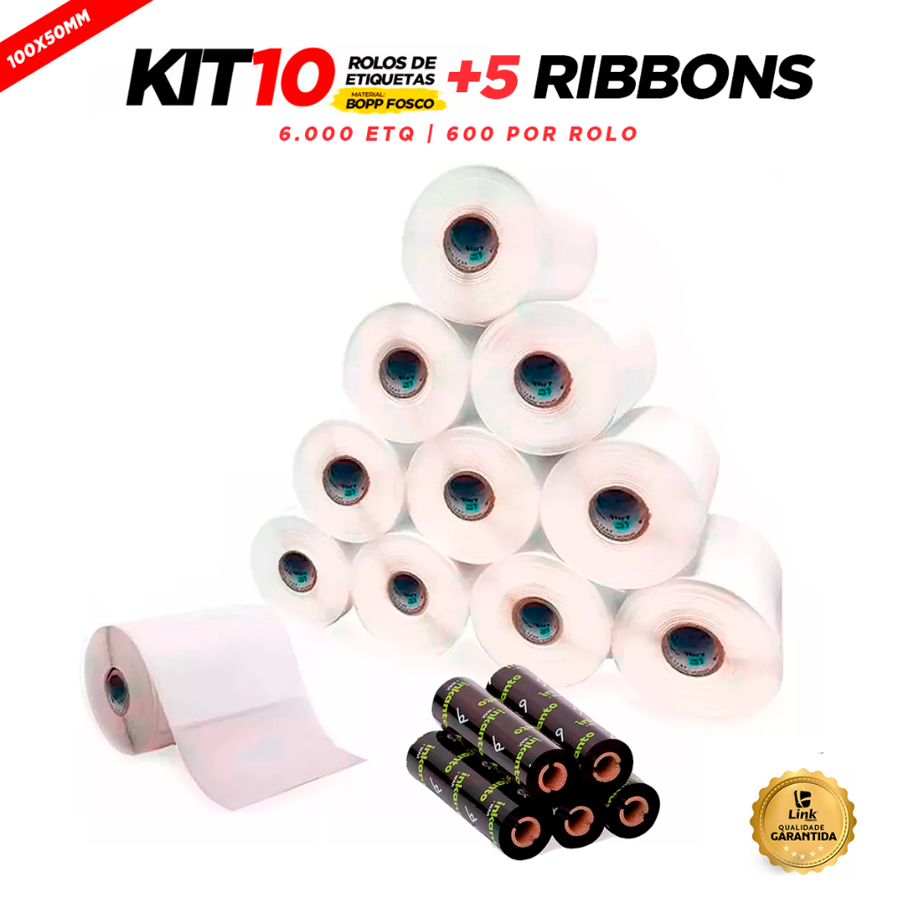 10 Rls Etiqueta 100x50 10x5 Bopp Adesiva Zebra Argox Elgin + 5 Ribbon Misto
