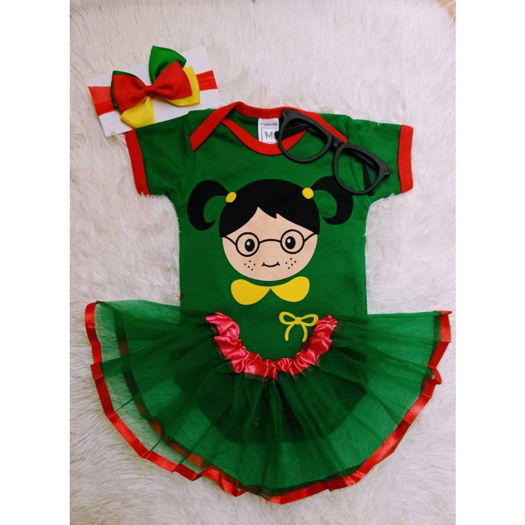 Body Bebê Temático Menina Fantasia  MENINA Chiquinha 4 PEÇAS Body + saia de tule + laço