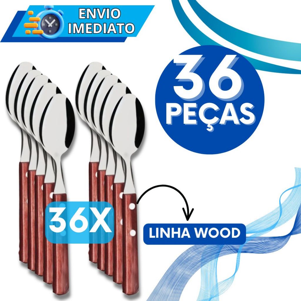 Jogo de Talher Kit 36 Peças Colher de Sopa Mesa Inox Cabo de Madeira Bambu para Casa Cozinha Restaurante Buffet