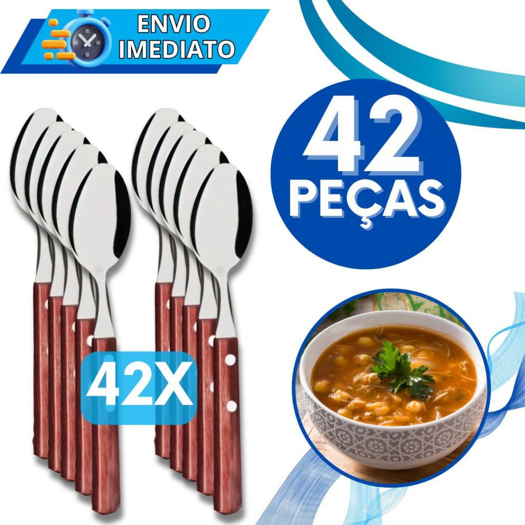 Jogo de Talher Kit 42 Peças Colher de Sopa Mesa Inox Cabo de Madeira Bambu para Casa Cozinha Restaurante Buffet