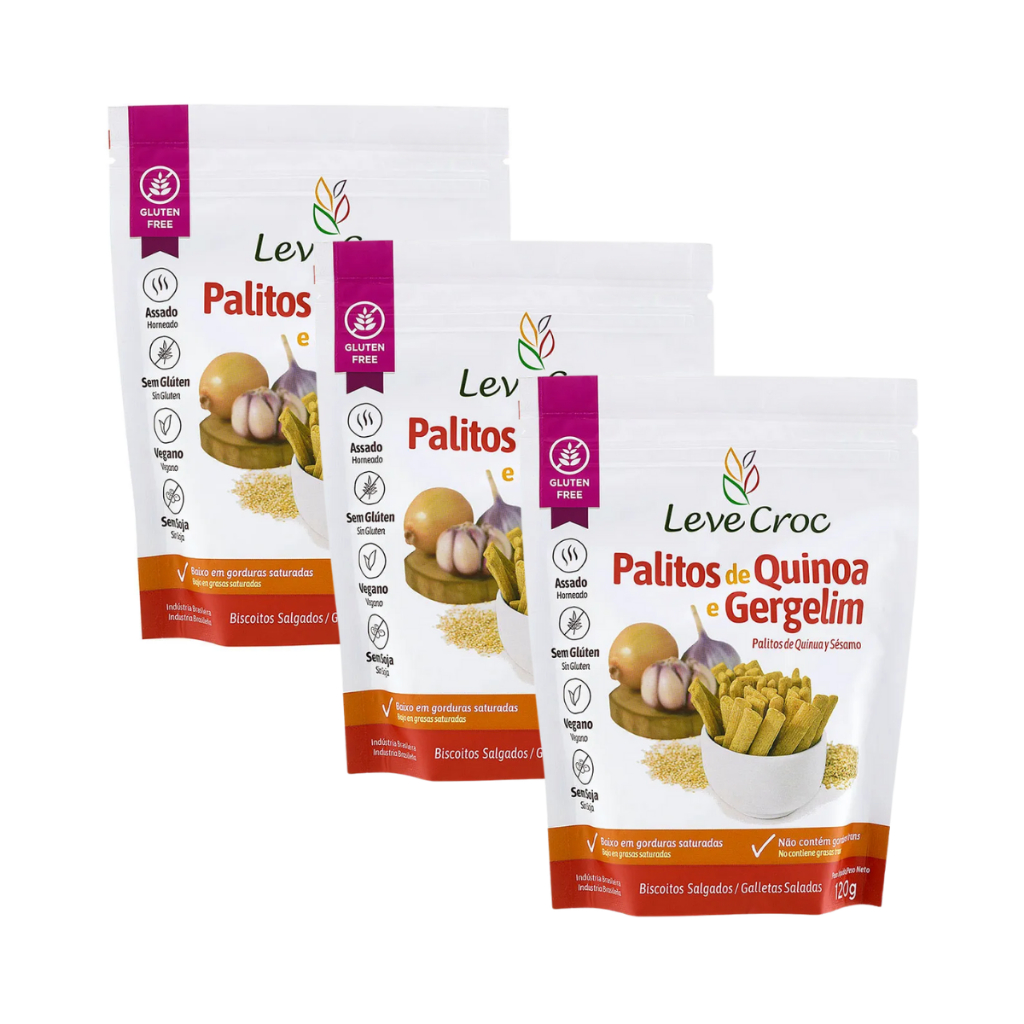 Kit com 3 Pacotes de Palitos de Quinoa e Gergelim sem Glúten de 120g cada - Leve Croc