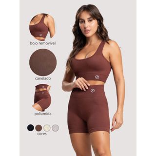 Conjunto Fitness Canelado Short e Top Sem Costura Yoga Academia Poliamida Feminino