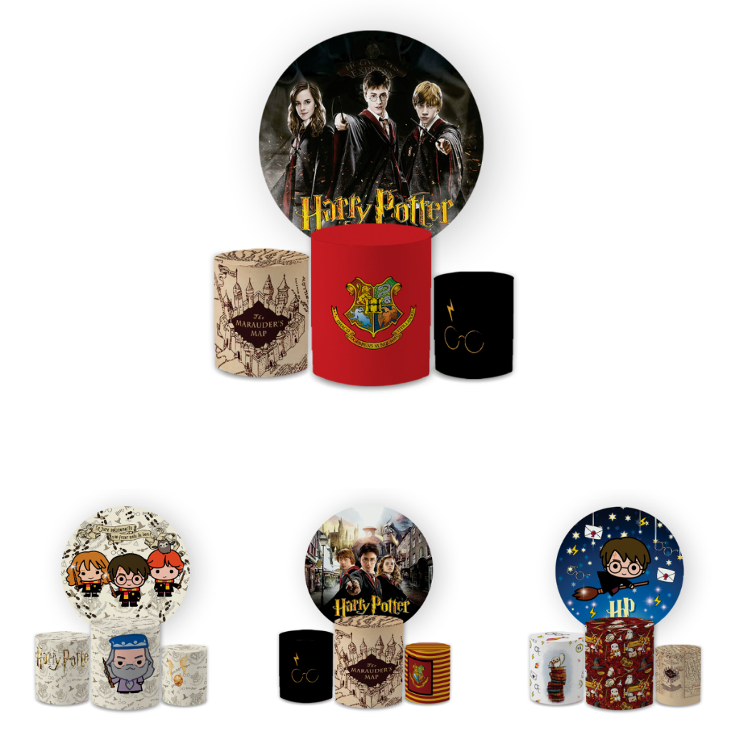 Kit Capa Painel Redondo 1,5 + Trio Capas Cilindros Tecido Sublimado Veste Fácil Tema Hary Ptter Decoração em Oferta na Shopee