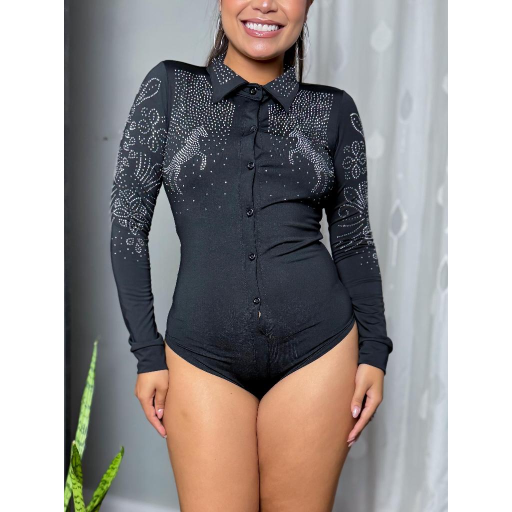 Body Feminino Brilho Country Manga Longa Cavalo Strass Pedraria Botão Body Camisa Voadeira Rodeio