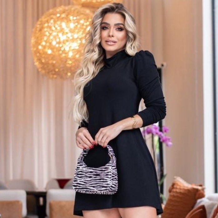 Vestido Feminino Curto Gola Alta Manga Longa Curto Tendência em Malha