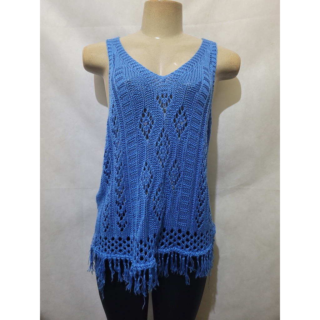 Blusa azul trico com franja tam M acrílico usado bom estado