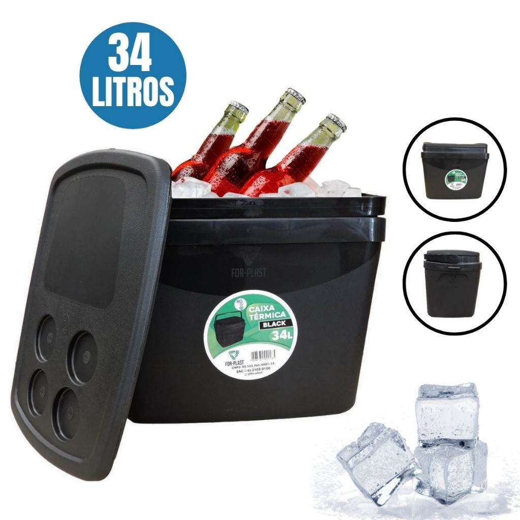 Caixa Térmica Cooler Resistente  Com Alça 34 Litros Black Porta Copos Praia Camping
