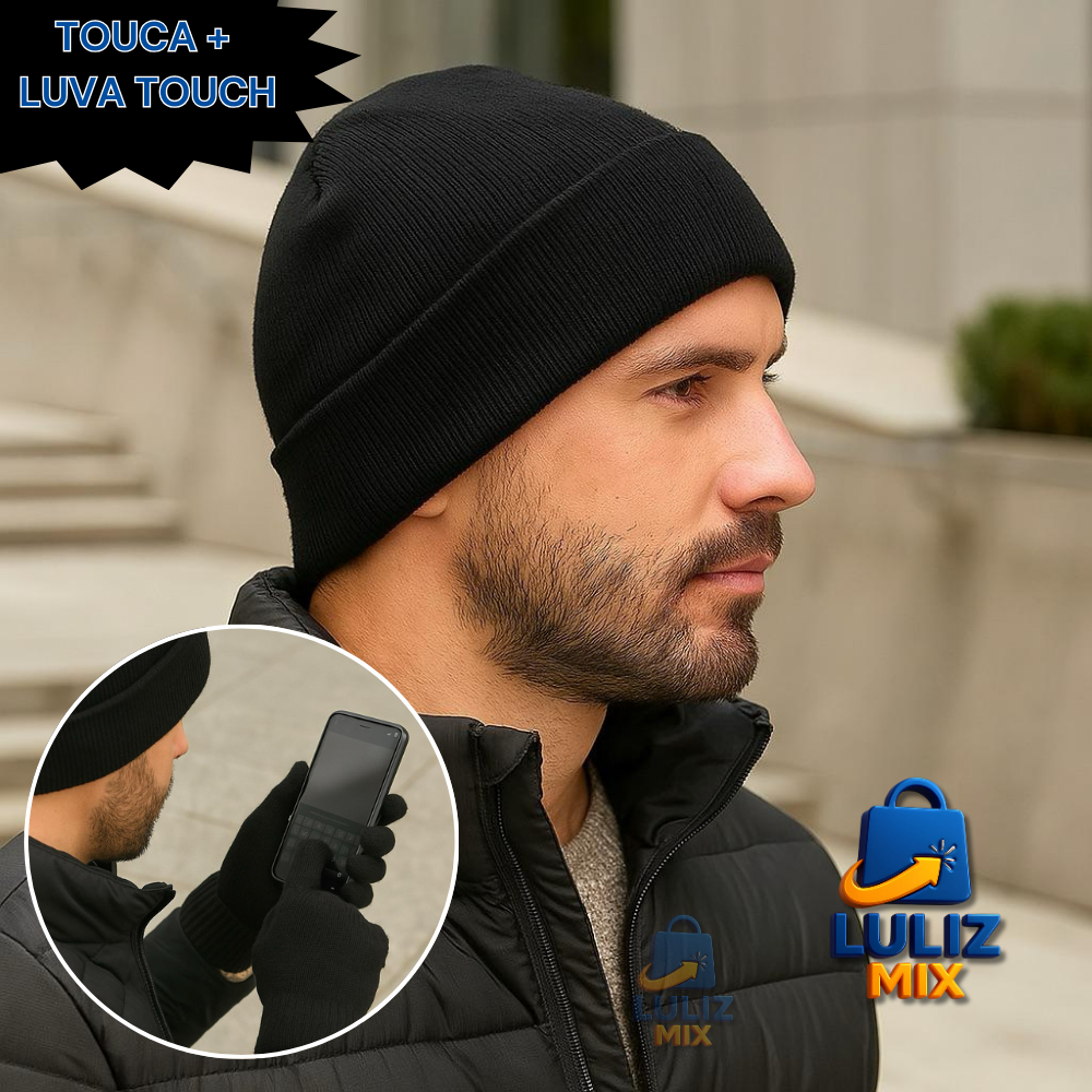 Kit Touca e Luva Masculina Trico Pompom Lisa Luva Touch Luva pra Mexer No Celular Unissex
