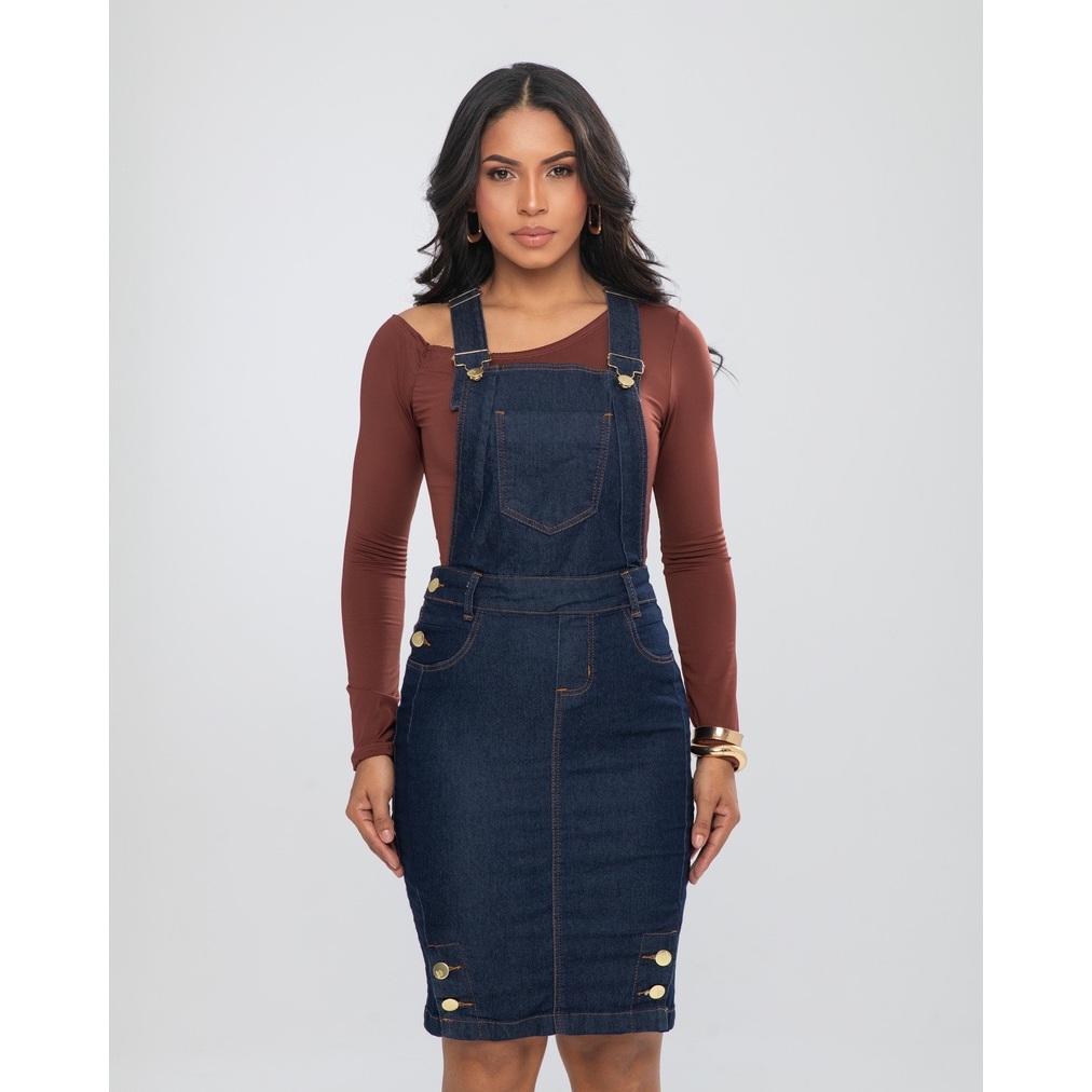 Salopete Jeans Moderna com Botões Laterais na Barra Cristã 7 Pallas