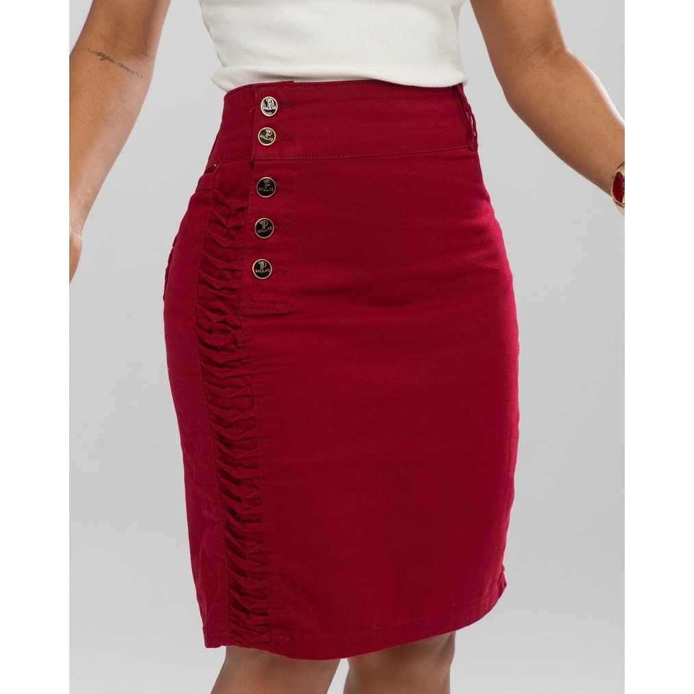 Saia Lápis Pince Red com Detalhe Drapeado na Lateral e Botões 7Pallas em Oferta na Shopee