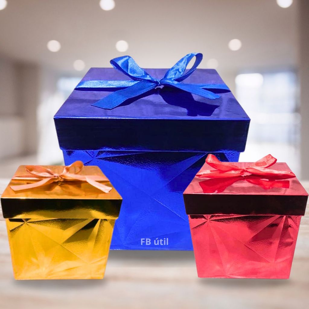 Caixa de presente metalizada com laço em Oferta na Shopee