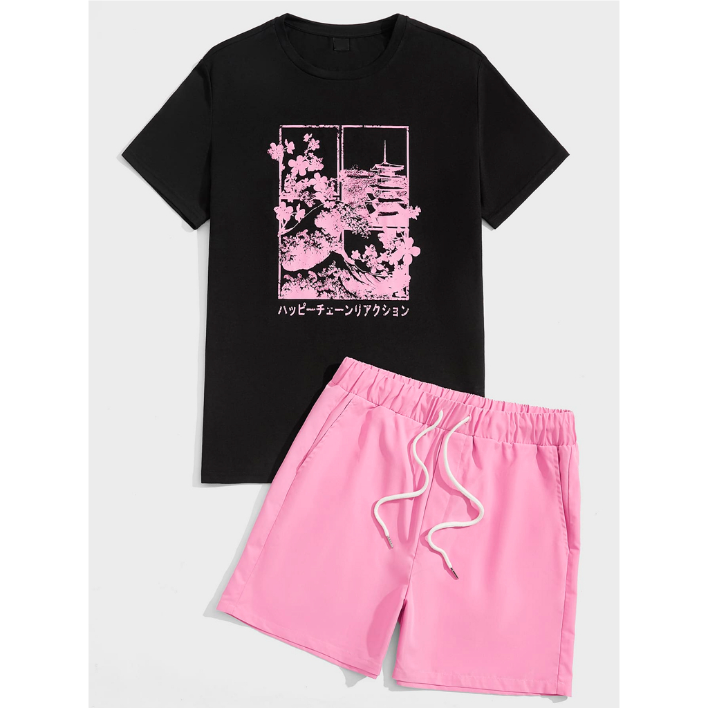 Camiseta 100% Algodão Letras Japonesas Bermuda Moletinho Rosa Streetwear Manfinity