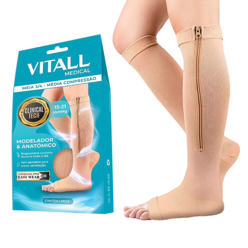 Par Meias Média Compressão Vitall Varizes Pernas Cansadas Inchaço Dores 3/4 Zíper 15-21 mmHg Unissex - Women Clothes
