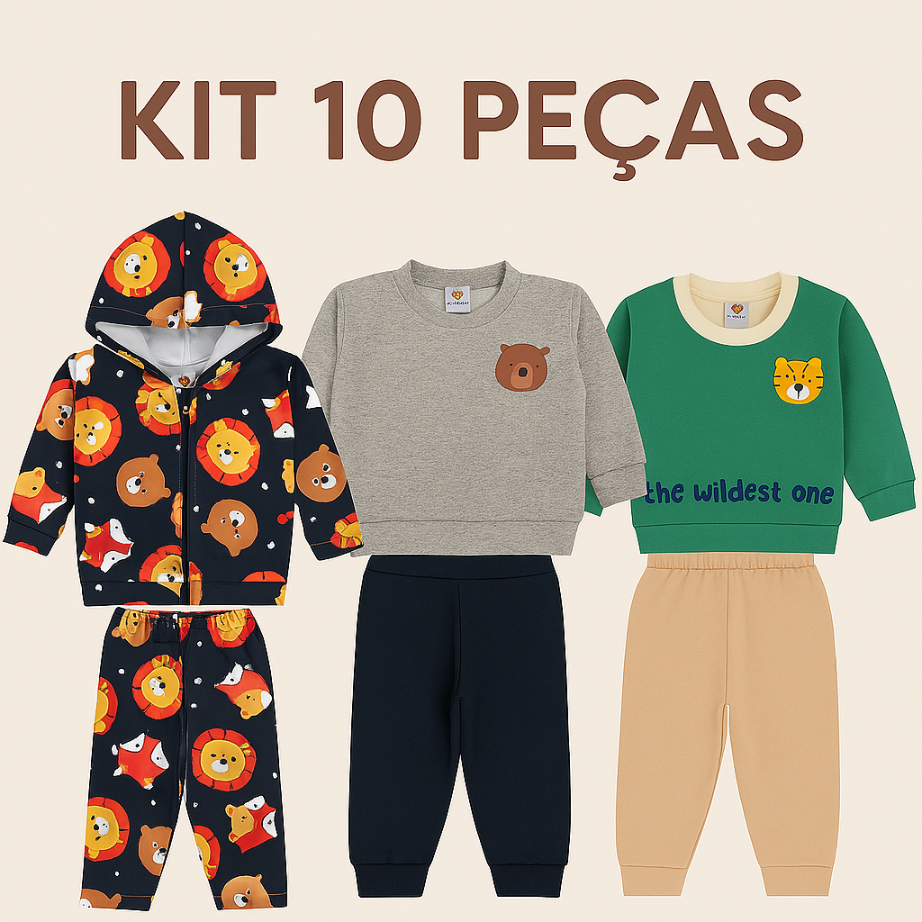 Kit 10 Peças Roupas Inverno Bebê Menino – 5 Casacos + 5 Calças Moletom Infantil - ESTAMPAS SORTIDAS