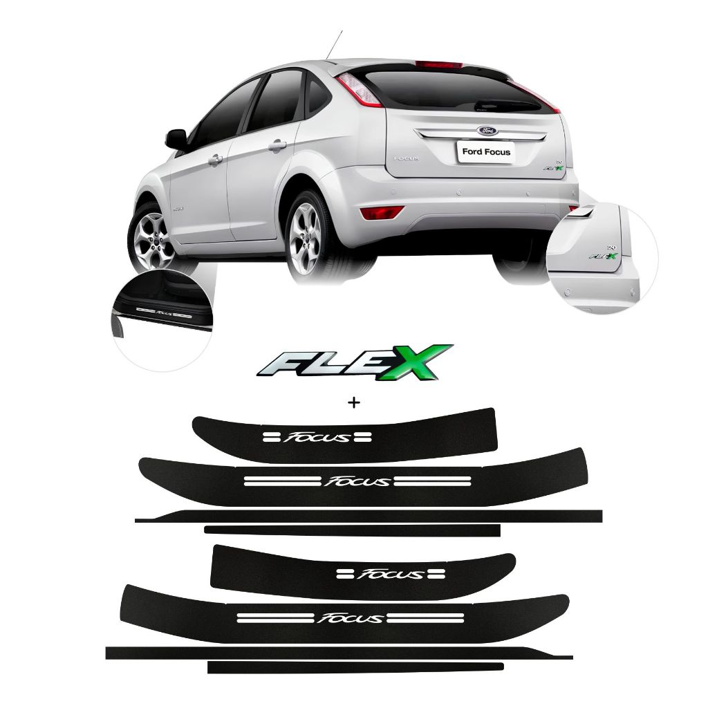 Kit Soleiras Protetoras 4 Portas + Adesivo Emblema Flex Ford Focus