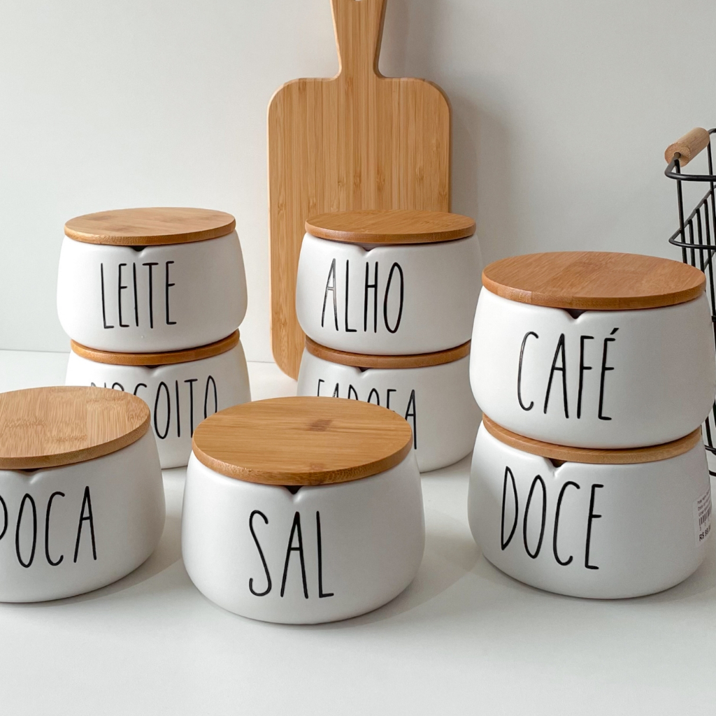 Pote Hermético Cerâmica e tampa de Bambu 600ml
