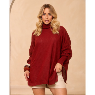 Poncho Feminino de Tricot Gola Alta Fenda na Lateral Ponto Fang Tendência Moda Inverno 2025 em Oferta na Shopee