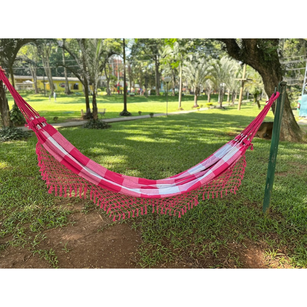 Rede de descanso casal balanço Mimi Utilidades Rosa c/ Branco varanda lazer e camping 1,40 x 3,60 m