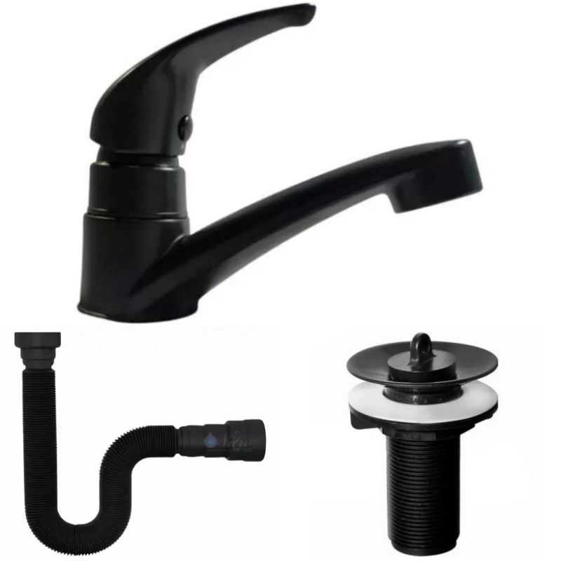 Kit Torneira Lavatorio Banheiro Preto / Black + Valvula Preta + Sifão Preto em Oferta na Shopee