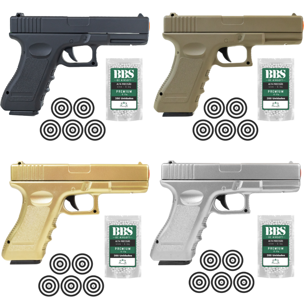 Pistola de Airsoft Vigor GK V20 Mola Spring 6mm Full Metal Rossi (Cor Preto, Gold, Silver OU Tan) + 350 Bbs + 5 Alvos em Oferta na Shopee